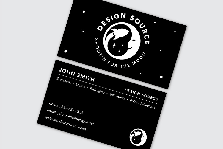 Design Source business card design, front and back of card.
