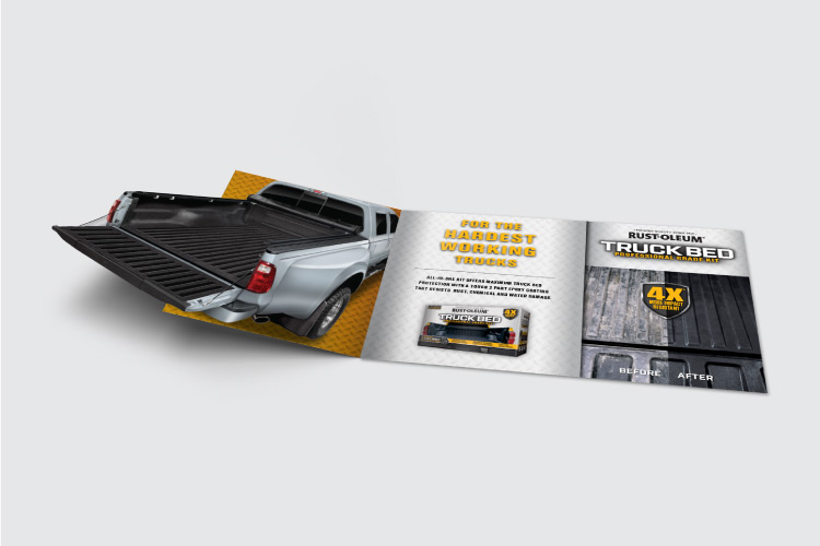 Digital 3d mockup of Rust-Oleum Truckbed brochure.