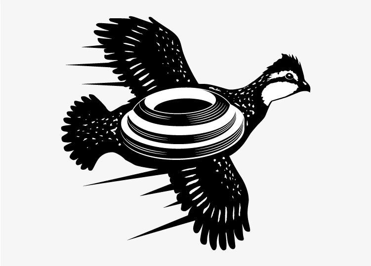 Black and white flat illustration of bird flying with a clay pigeon over it.