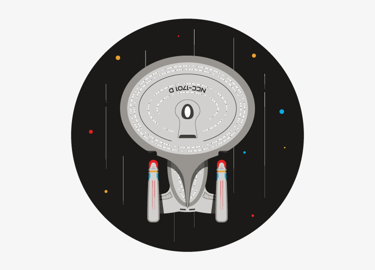 Enterprise space ship illustration from above in full color.