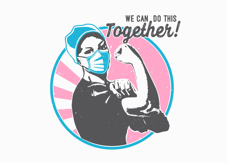 Illustration of Rosie the Riveter with medical personal protective equipment and the slogan 'We can do this together' 