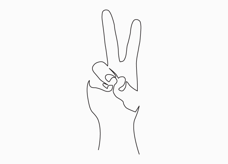 Illustration of a hand making a peace sign, using only a single continuous black line.