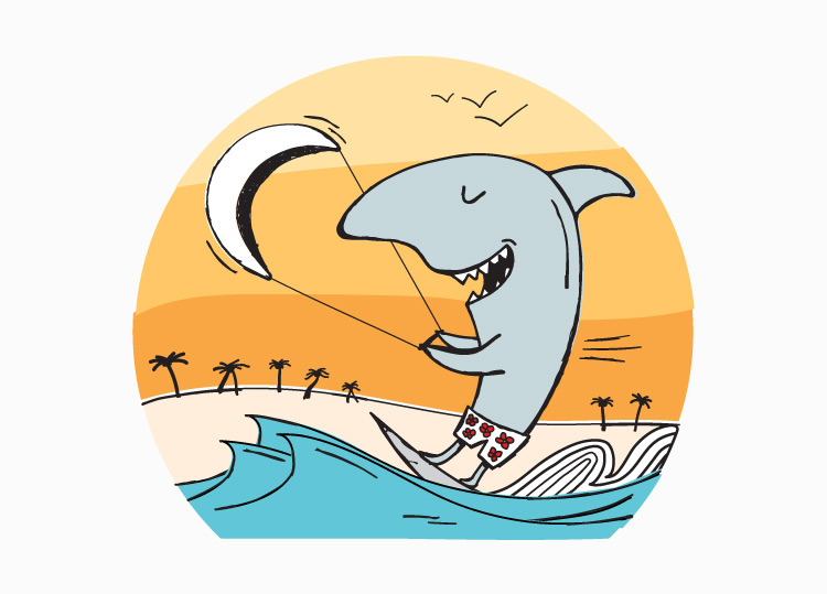 Illustration of shark cartoon character kite surfing next to a beach with palm trees.